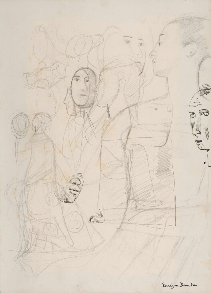 Sheet of figure studies with artist looking at herself in a handheld mirror