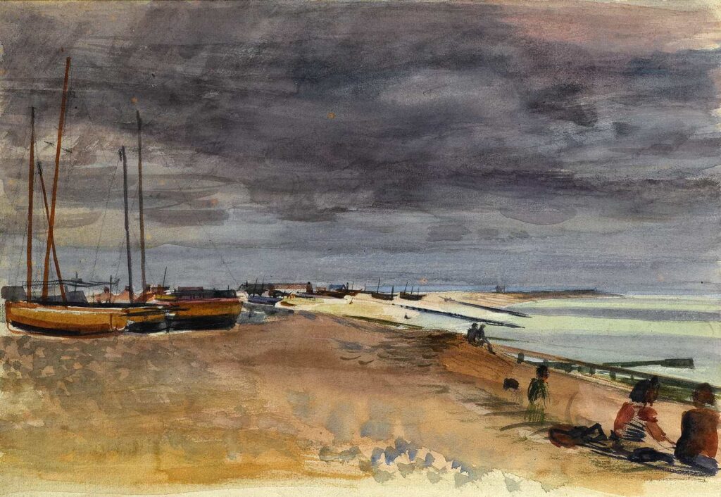 Alan Sorrell - Southend beach with boats are low tide