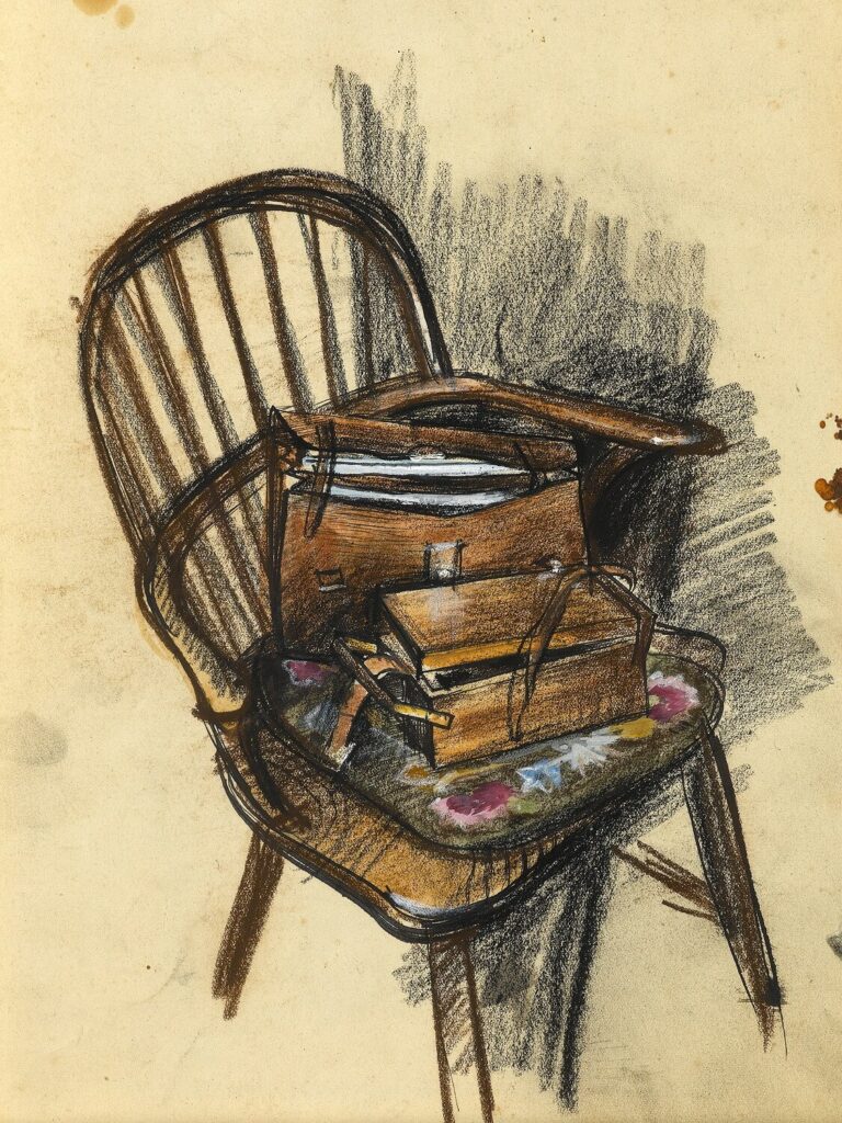 Alan Sorrell - The Artist's paint-box and sketching bag on a Windsor chair