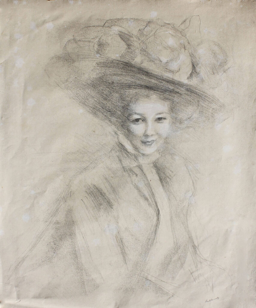 Albert de Belleroche - Portrait of a woman in a full brimmed hat decked with muslin