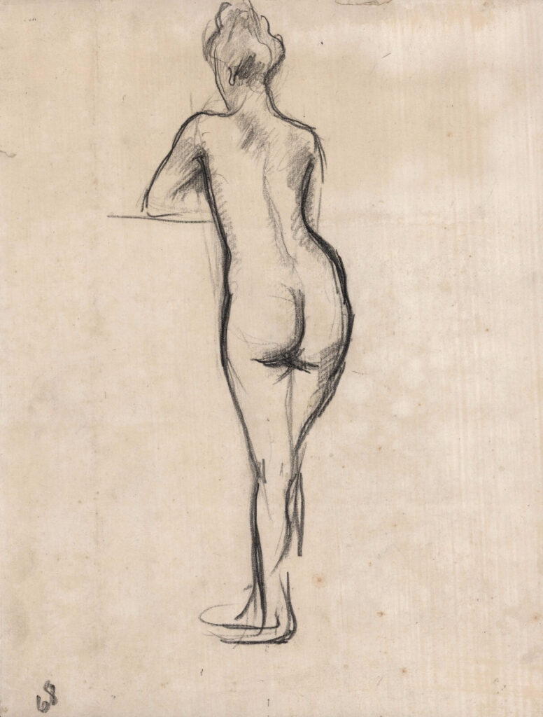 Albert de Belleroche - Rear view of a model leaning forward with her arms resting on a ledge