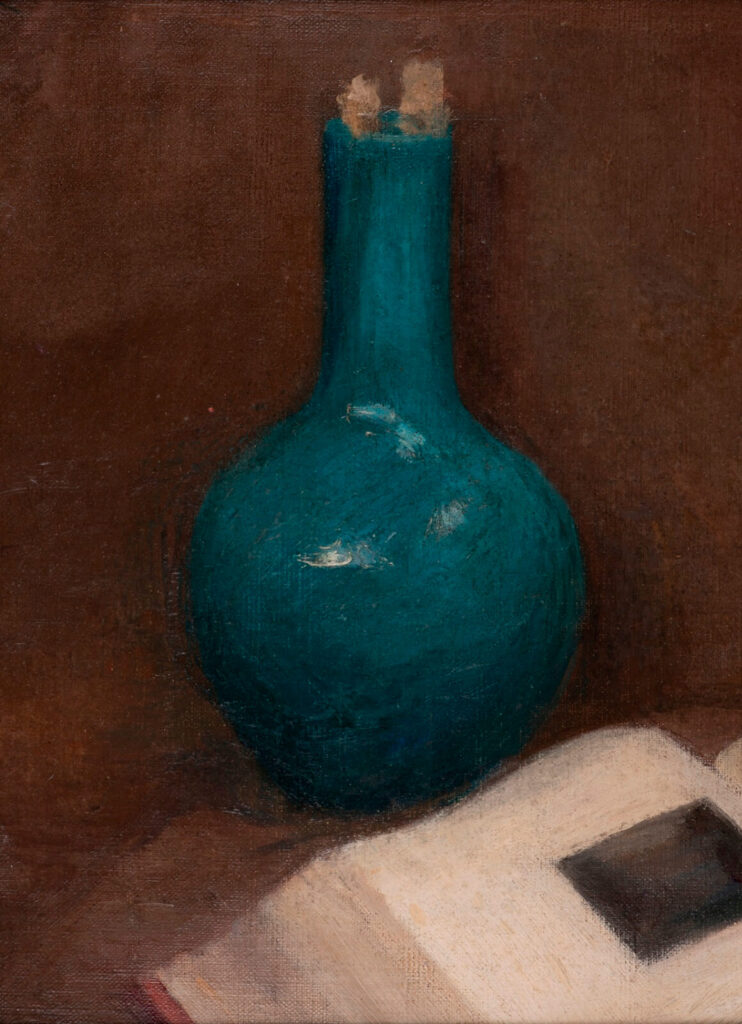 Albert de Belleroche - Still life of a blue vase with an open book