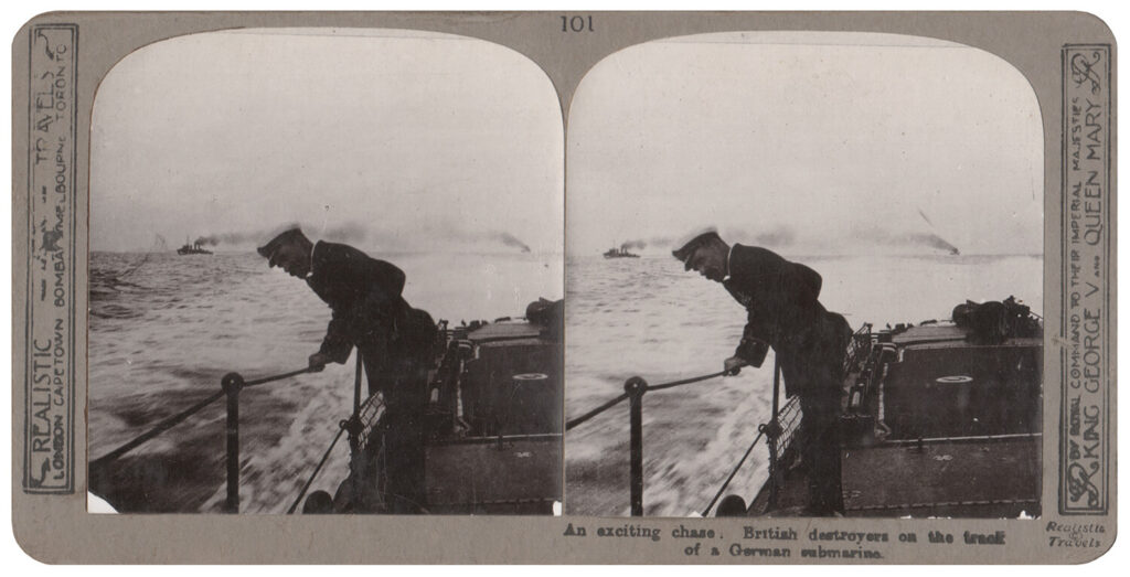 Anonymous - Stereoscopic print: An exciting chase. British destroyers on the track of a German submarine
