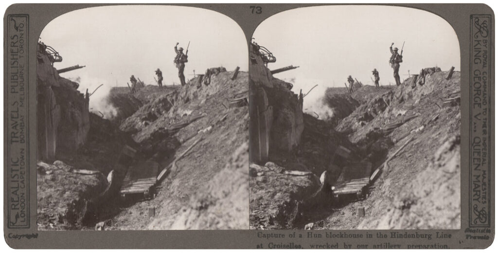 Anonymous - Stereoscopic print: Capture of a Hun blockhouse in the Hindenburg Line at Croiselles...