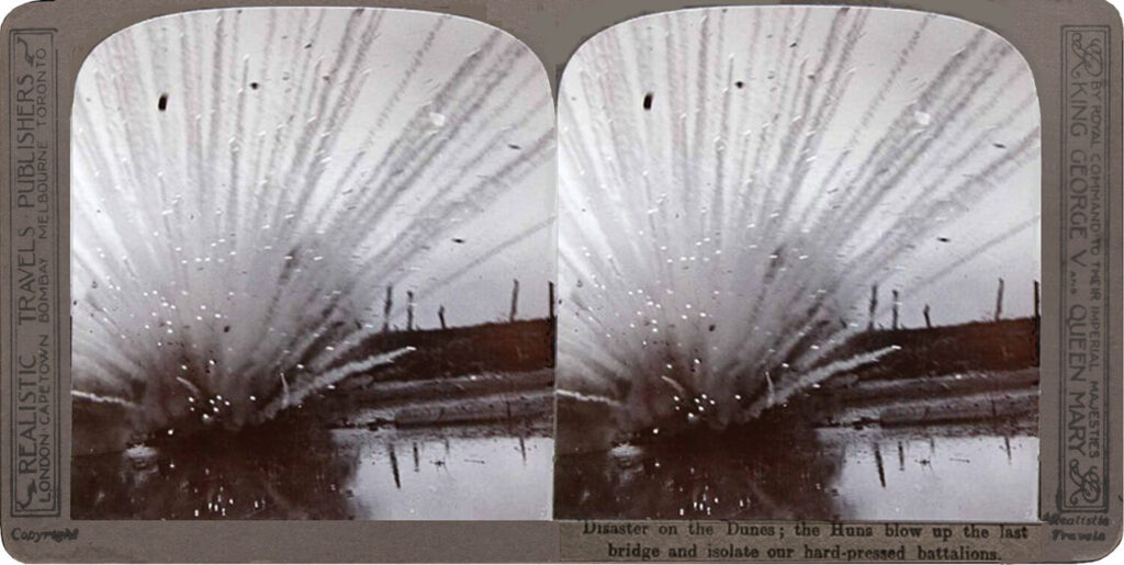 Anonymous - Stereoscopic print: Disaster on the Dunes; the Huns blow up the last bridge and isolate our hard-pressed battalions.