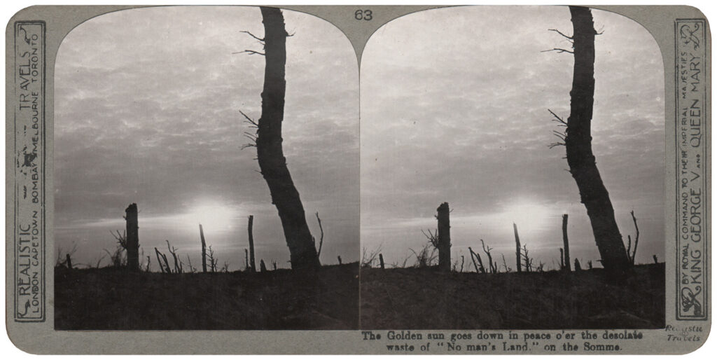 Anonymous - Stereoscopic print: The Golden sun goes down in peace o'er the desolate waste of "No man's Land" on the Somme.