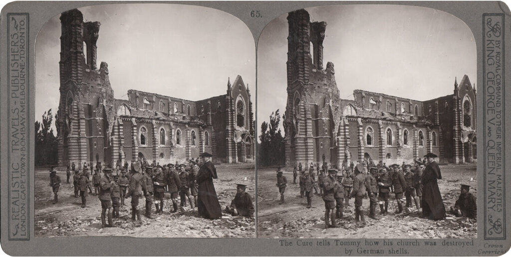 Anonymous - Stereoscopic print: The curé tells Tommy how his church was destroyed by German shells.