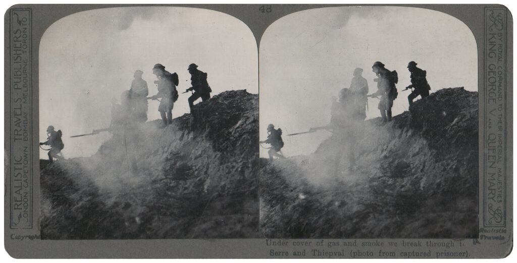 Anonymous - Stereoscopic print: Under cover of gas and smoke we break through to the Serre and Thiepval (photo from captured prisoner).