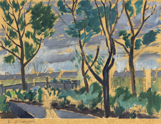Archibald Ziegler - An avenue of elm trees with terraced houses seen from the rear
