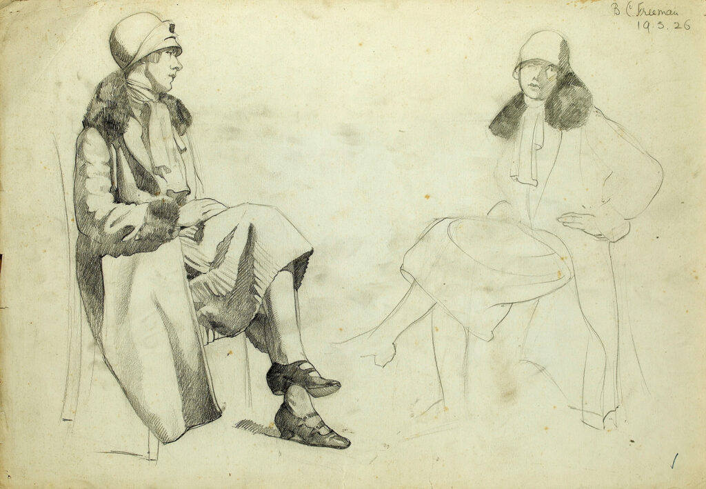 Barbara Constance Freeman - Study of seated woman with fur trimmed coat and hat