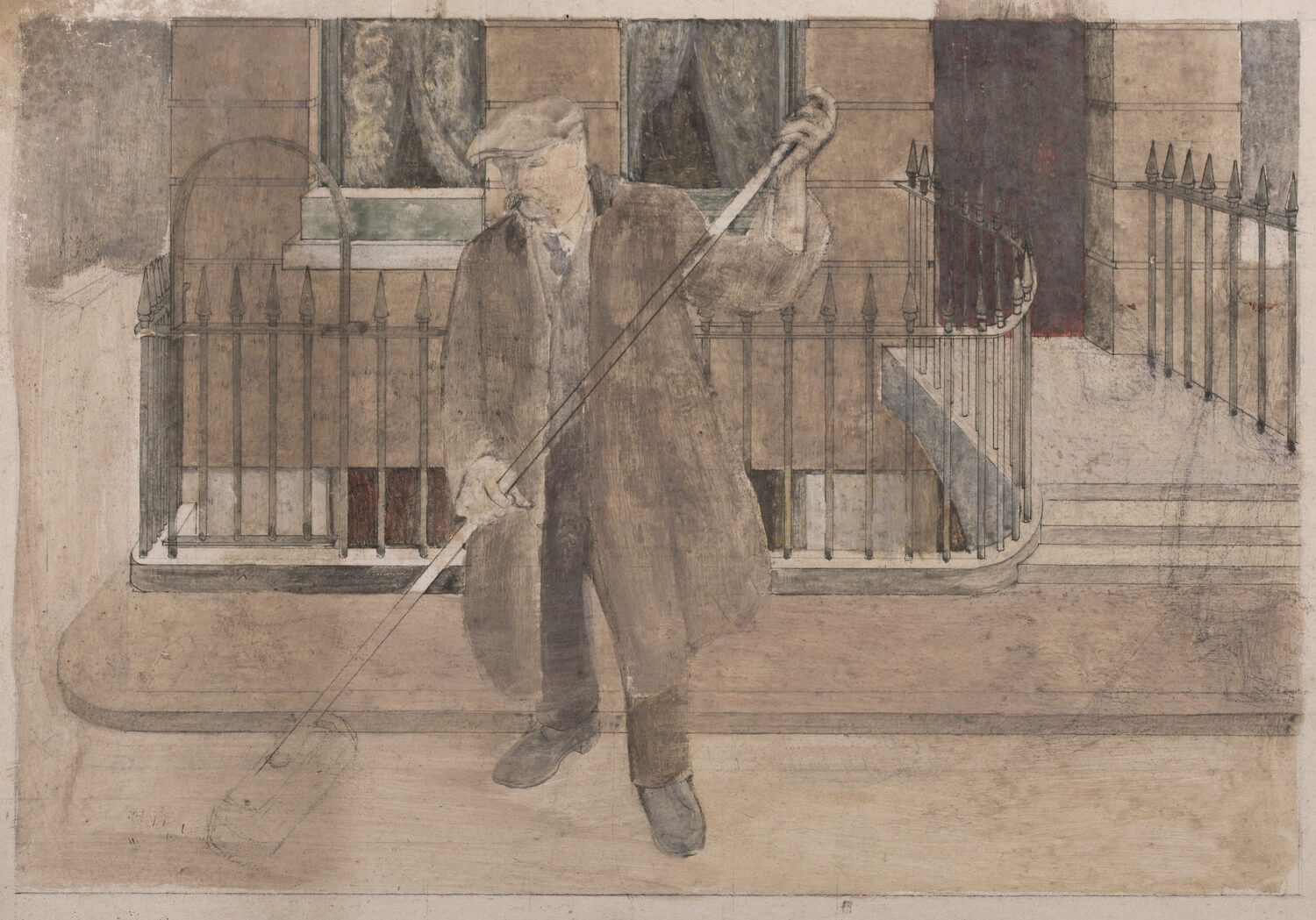 Barnett Freedman - Man sweeping outside terraced house