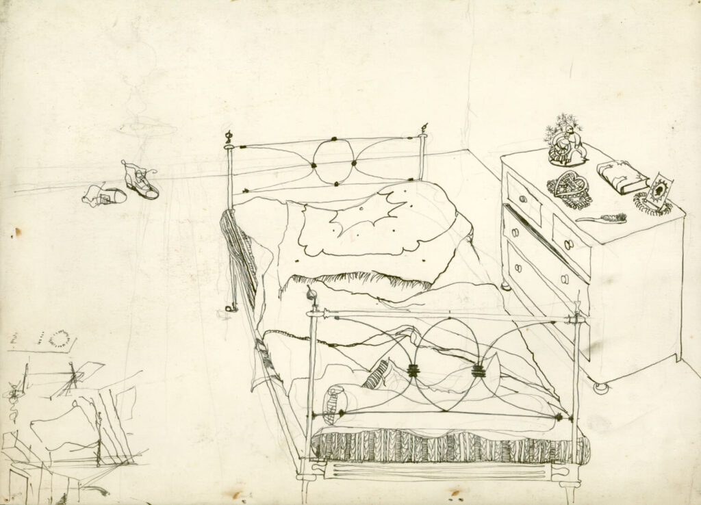 Catherine Olive Moody - Bedroom with disgarded boots and ornate metal bed