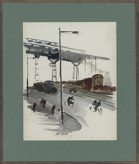 Charles Cundall - Cyclists and pedestrians by the docks