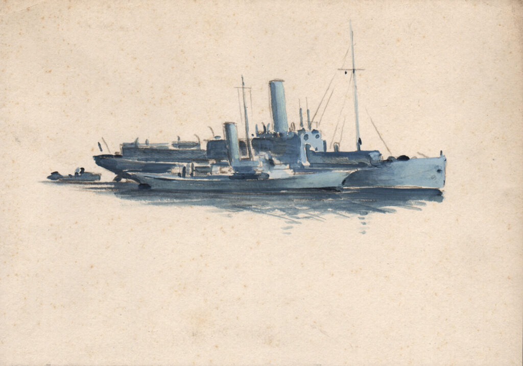 Charles Cundall - Flagship of the anti-submarine training school at Tobermory with a small steam yacht alongside