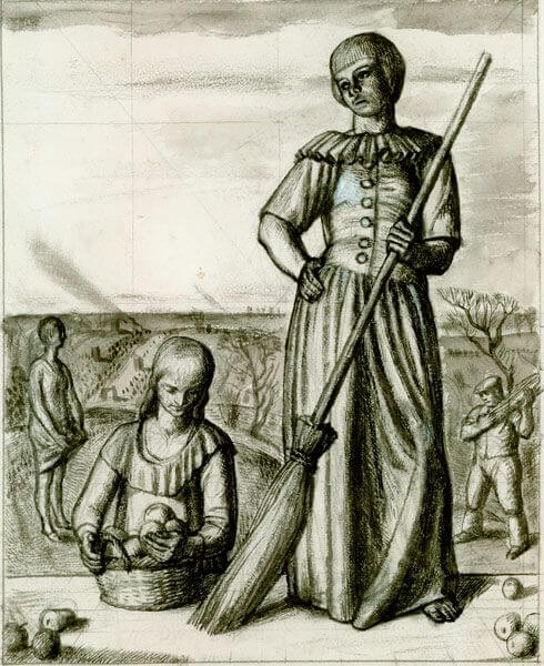 Charles Mahoney - Girl with broom & figures picking fruit