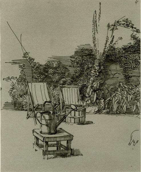 Charles Mahoney - Two deckchairs and a watering can in a garden
