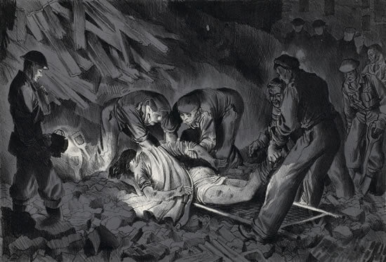 Cliff Rowe - Air Raid Warden assisting evacuation of bomb damaged house