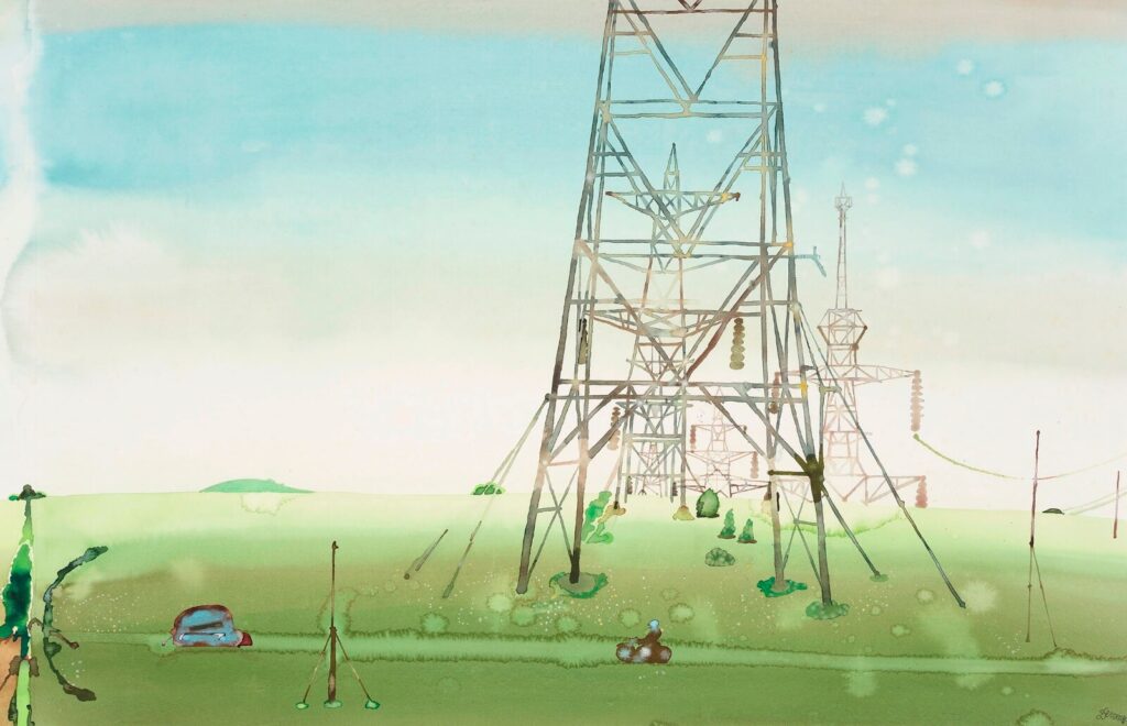 David Evans (1929–1988) - Driving Past the Electricity Pylons