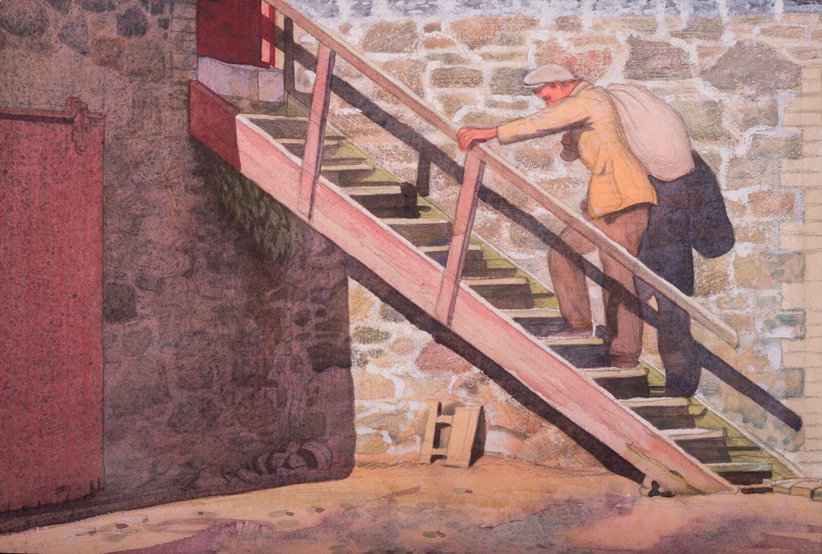 man-carrying-a-sack-over-his-shoulder-ascending-the-steps-of-a-barn
