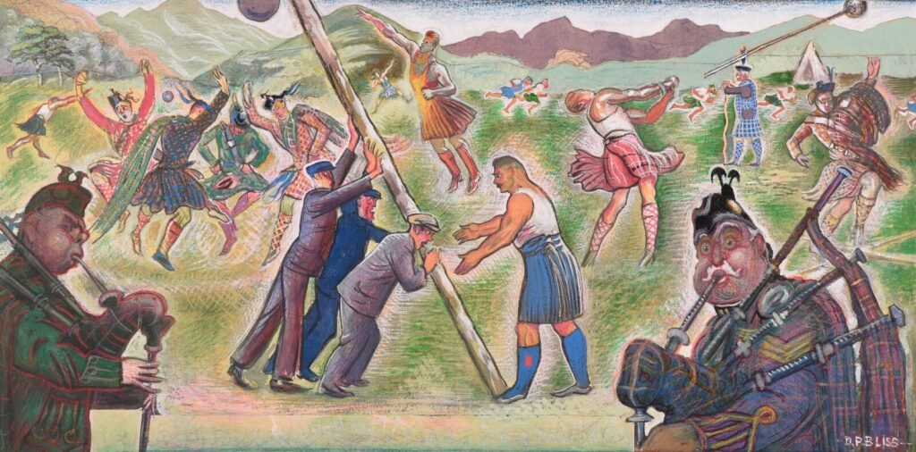 Douglas Percy Bliss - Satires of Highland Gatherings; Raising the caber etc.