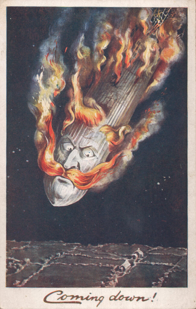English School - British postcard Coming down! Image of "Kaiser Bill" in the guise of a Zeppelin