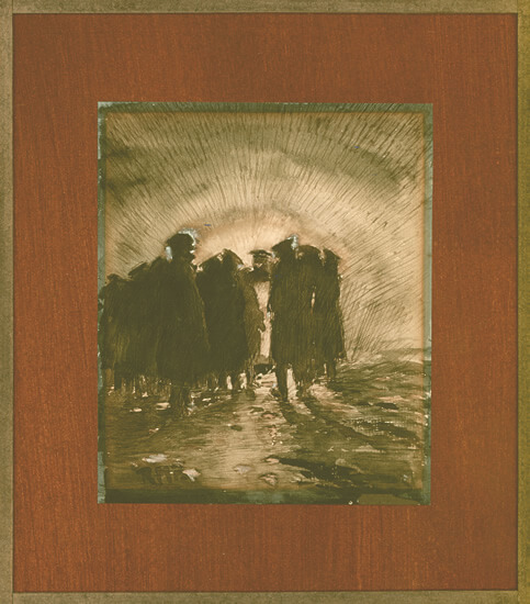 English School - Officers by trenches meeting at dusk