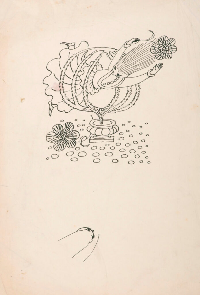 Evelyn Dunbar - Drawing of a woman jumping through a spherical pot-plant