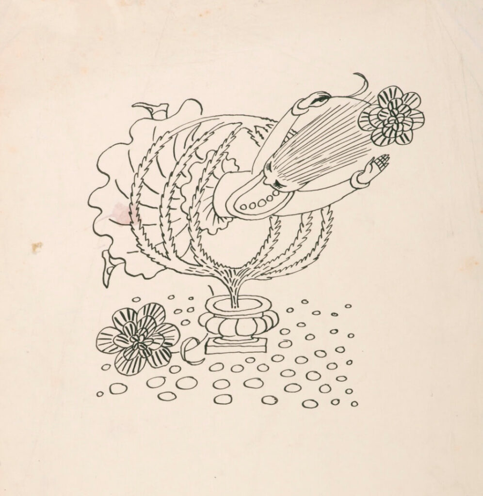 Evelyn Dunbar - Drawing of a woman jumping through a spherical pot-plant