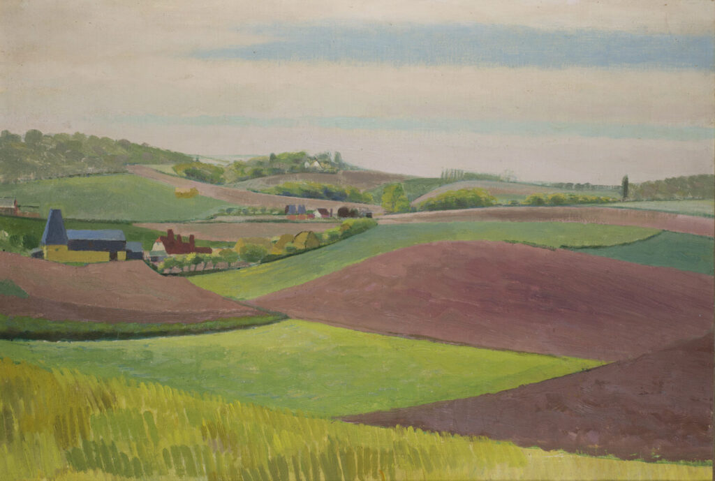Evelyn Dunbar - Early autumn Kentish landscape with oast houses and ploughed fields. c.1956 [HMO 789]