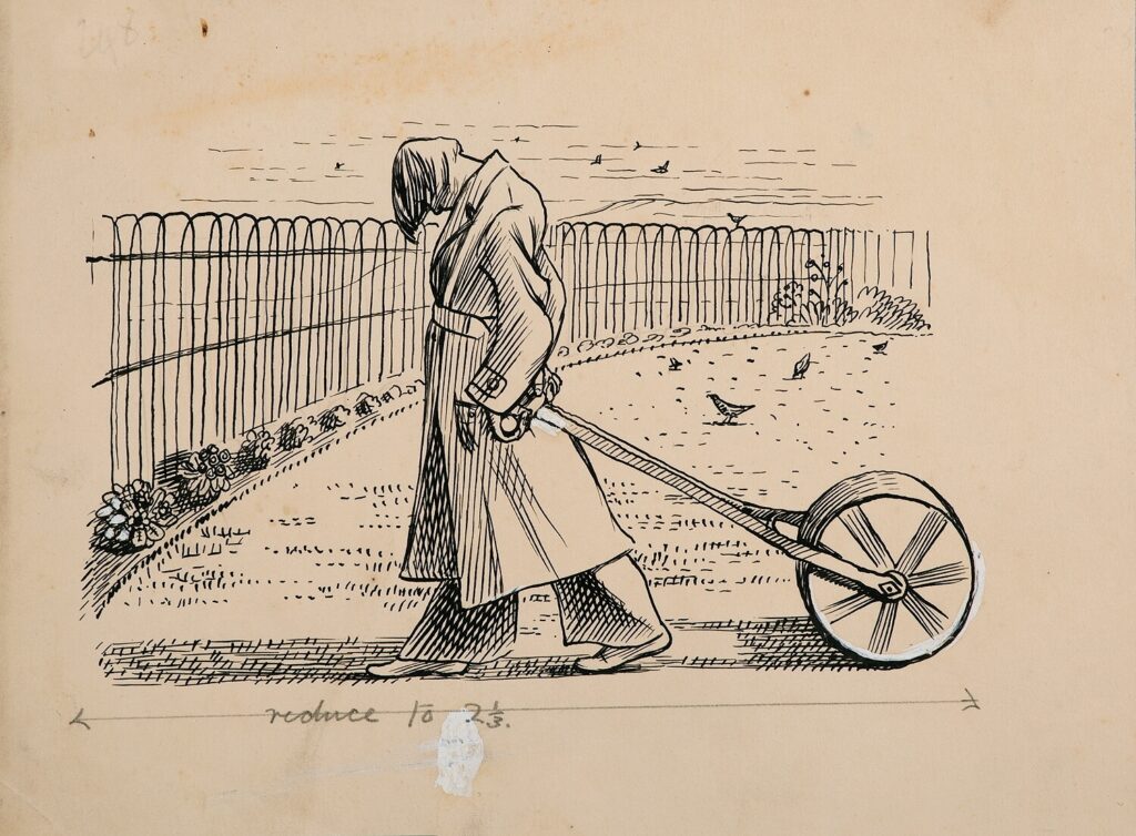 Evelyn Dunbar - Marjorie Dunbar rolling a lawn.