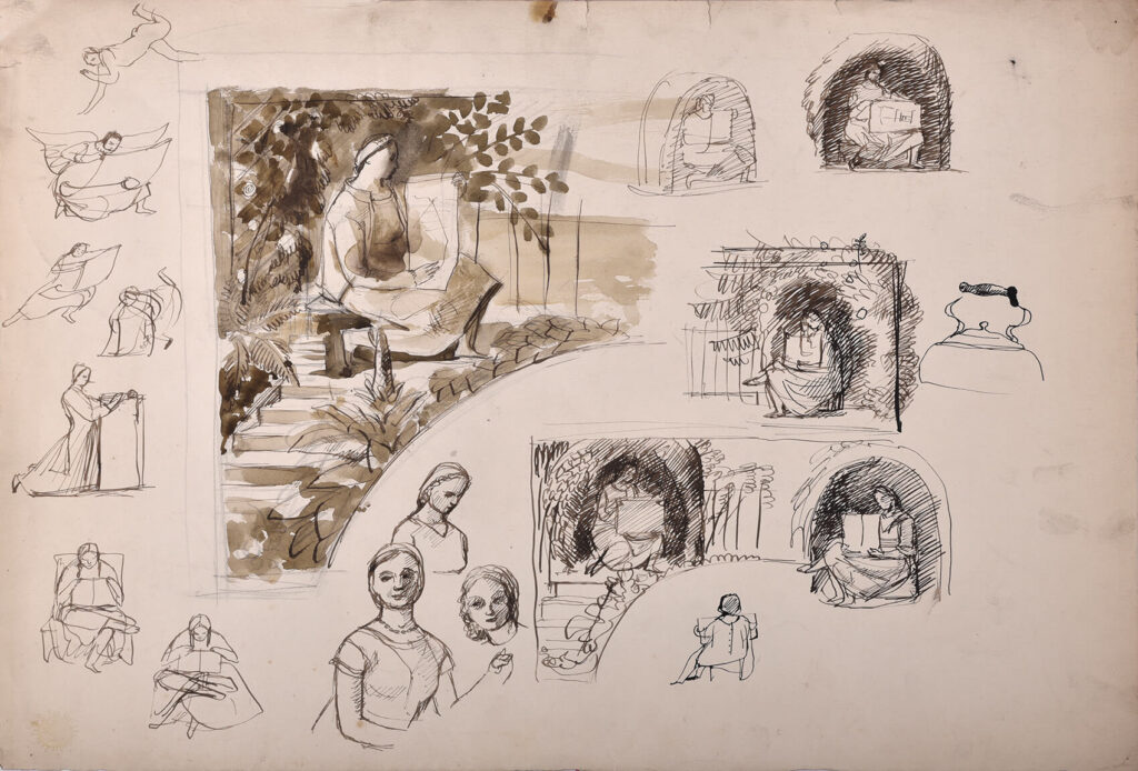 Evelyn Dunbar - Preliminary sketches for the supporters at either end of the Hilly Fields mural frieze at Brockley School