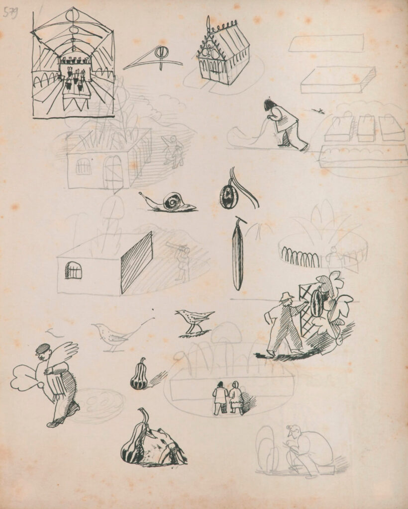 Evelyn Dunbar - Sheet of studies for Gardeners' diary