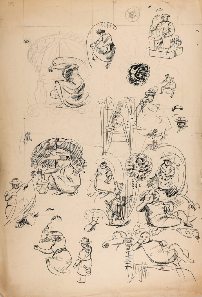 Evelyn Dunbar - Sheet of studies with figures gardening