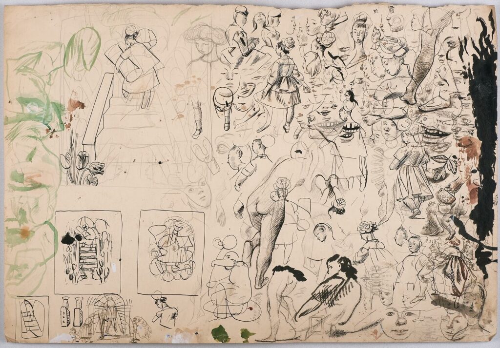 Evelyn Dunbar - Sheet of studies with girl and flowers