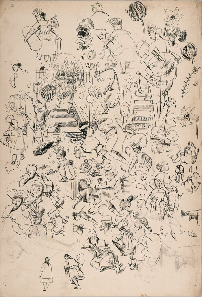 Evelyn Dunbar - Sheet of studies with girl carrying a column and tulips