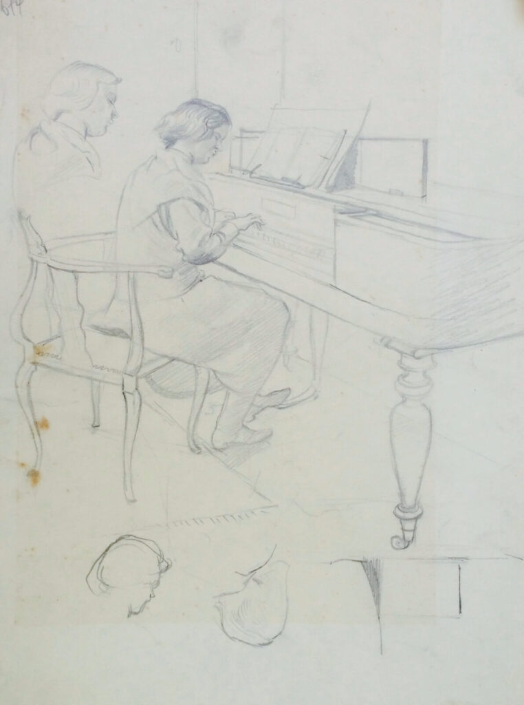 Evelyn Dunbar - Sketch of the artist's sister Marjorie (L) giving a lesson to 0a young woman