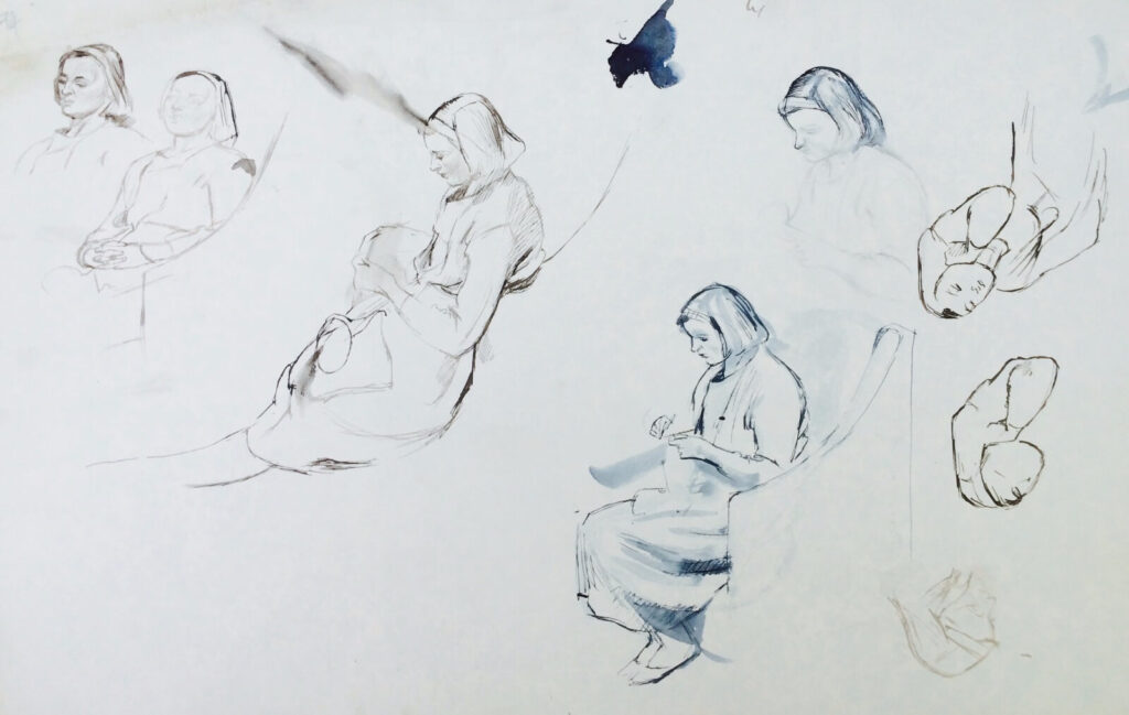 Evelyn Dunbar - Sketches of a woman sitting/knitting/sewing