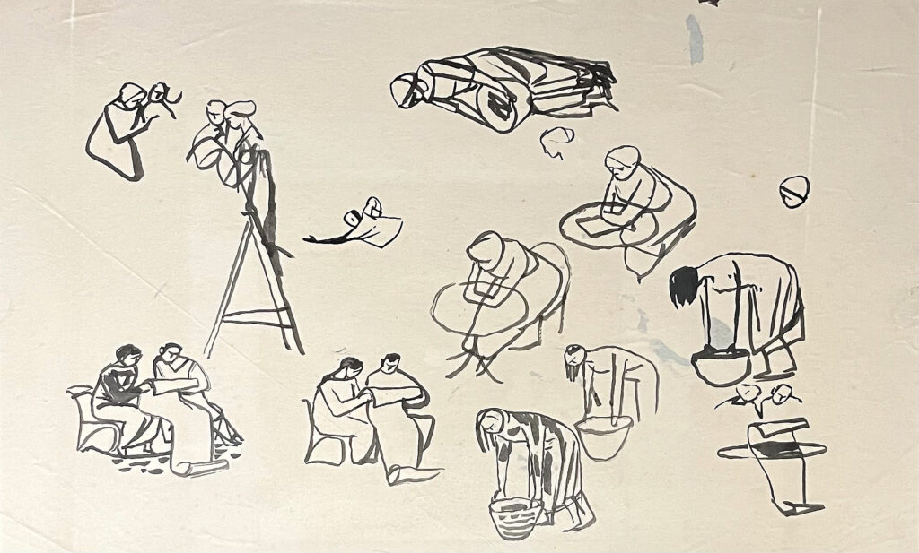 Evelyn Dunbar - Studies of a seated couple reading scrolls and a woman carrying bowls