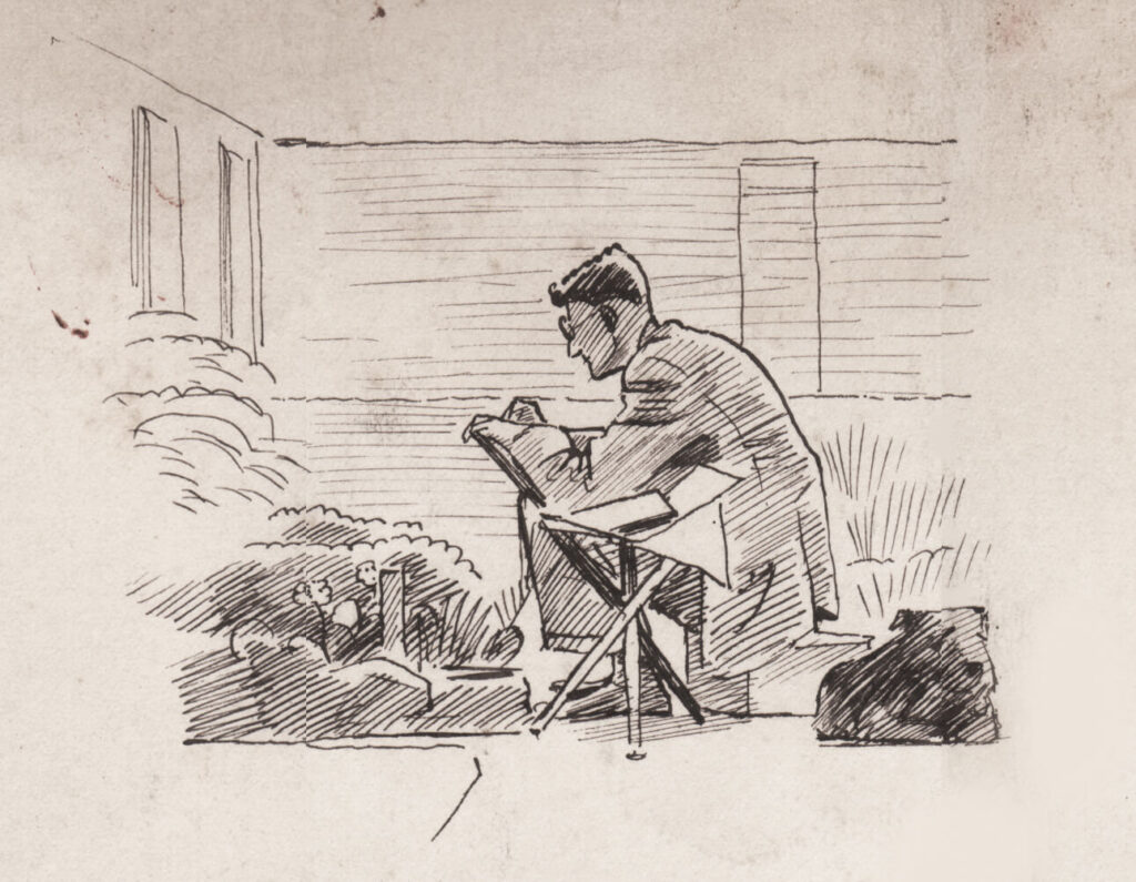 Evelyn Dunbar - Study of Charles Mahoney drawing plants in the garden of The Cedars in preparation for Gardeners Choice