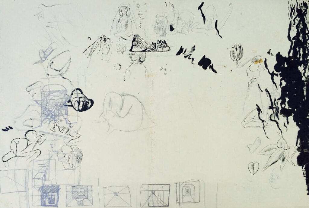 Evelyn Dunbar - Various sketches and studies featuring perspective exercises and a wedding procession