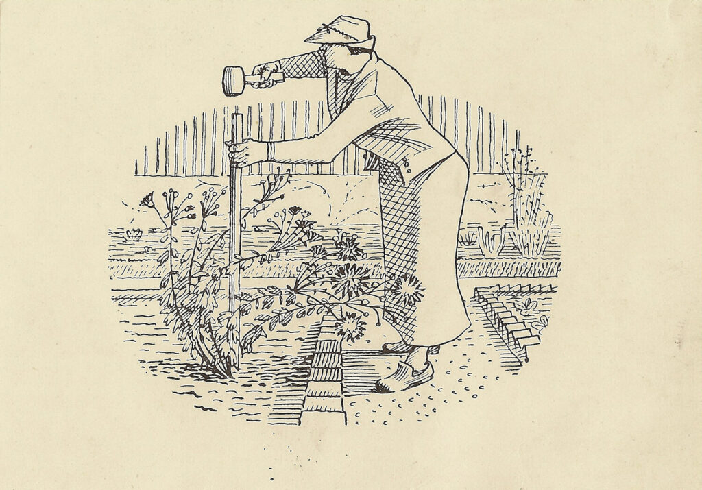 Evelyn Dunbar and Charles Mahoney - Vignette design of a woman hammering in a stake for Gardeners Choice