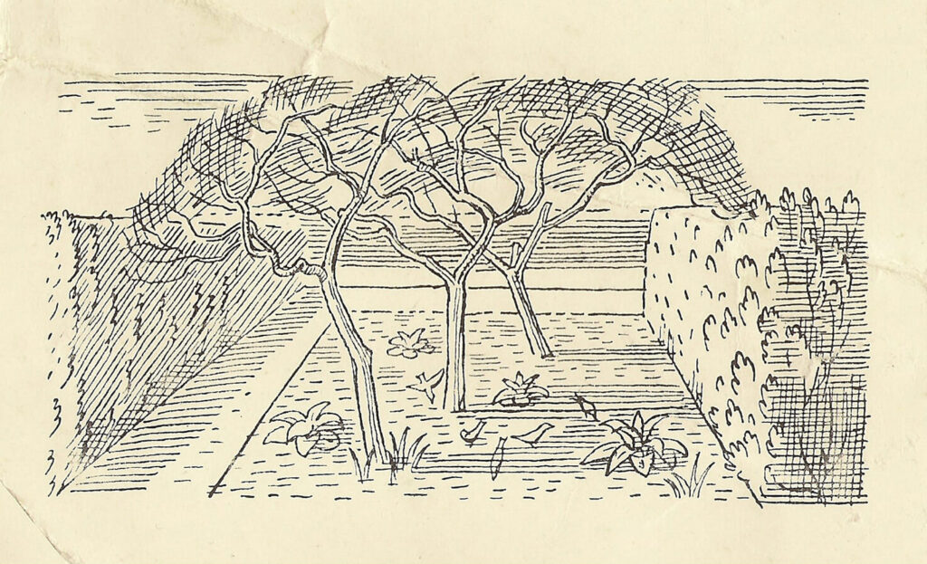 Evelyn Dunbar and Charles Mahoney - Vignette of garden orchard area for Gardeners Choice