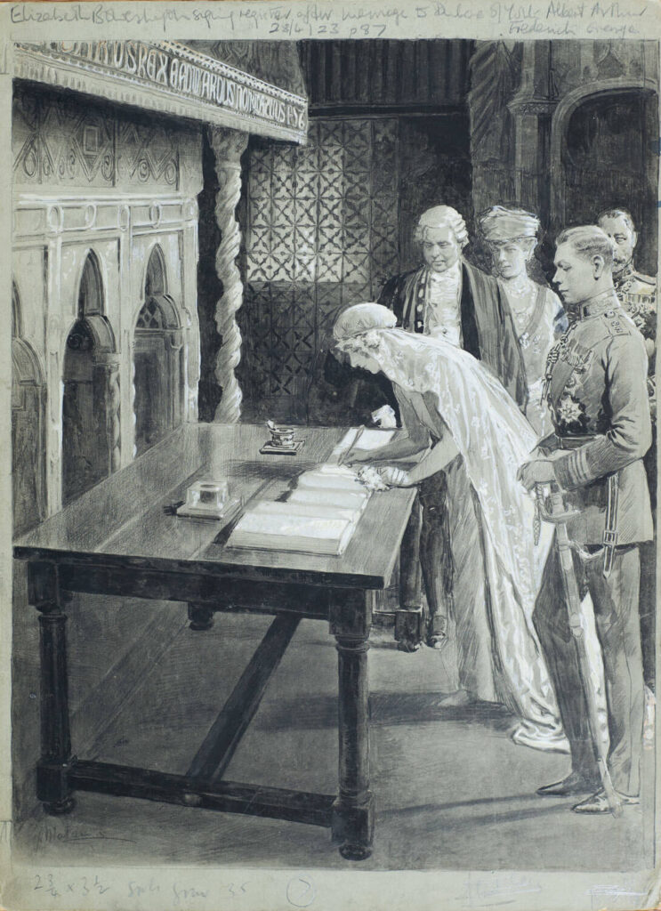 Fortunino Matania - The Duchess of York signs the Register in Westminster Abbey
