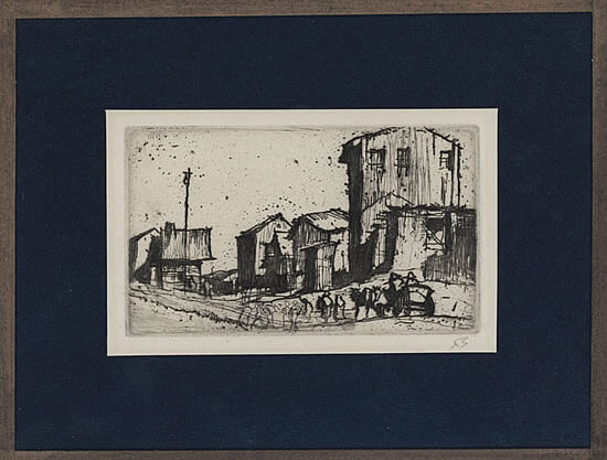 Frank Brangwyn - L'Ombre de la Croix- horse cart and travellers passing a village