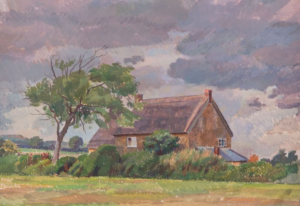 Frederick Austin - Farmhouse with tree and clouded sky