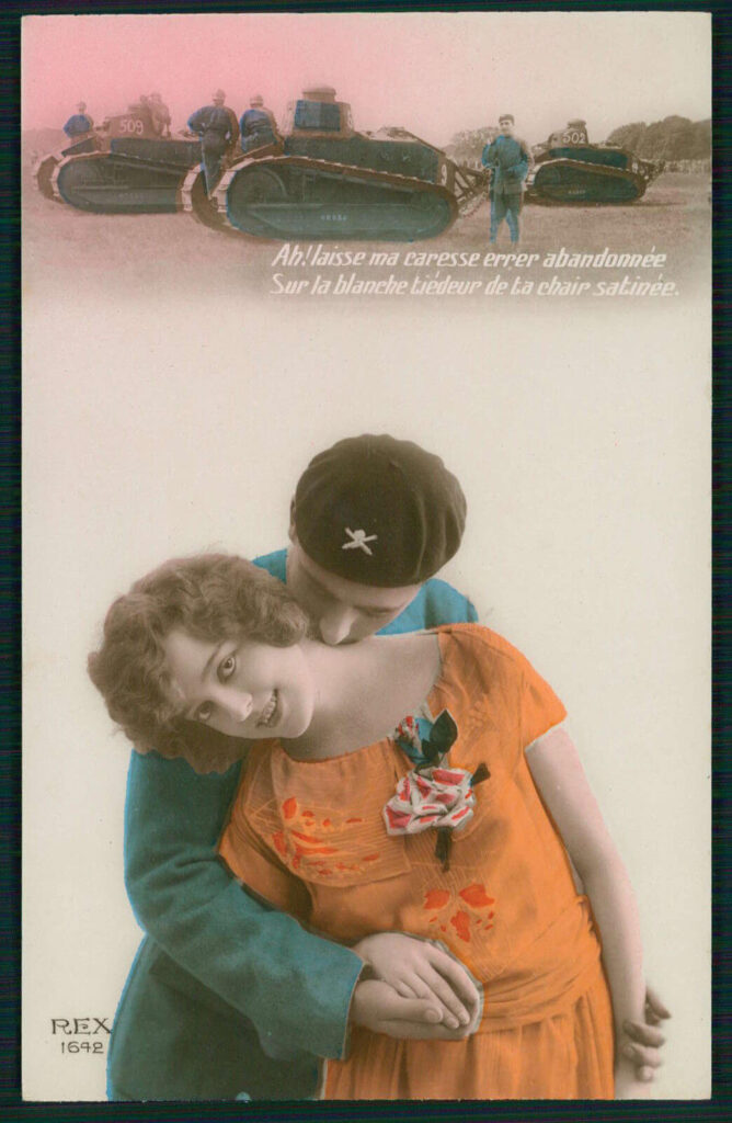 French School - French postcard - "Ah! laisse ma caresse errer abandonnée Sur la blanche ti√®deur de ta chair satinée"