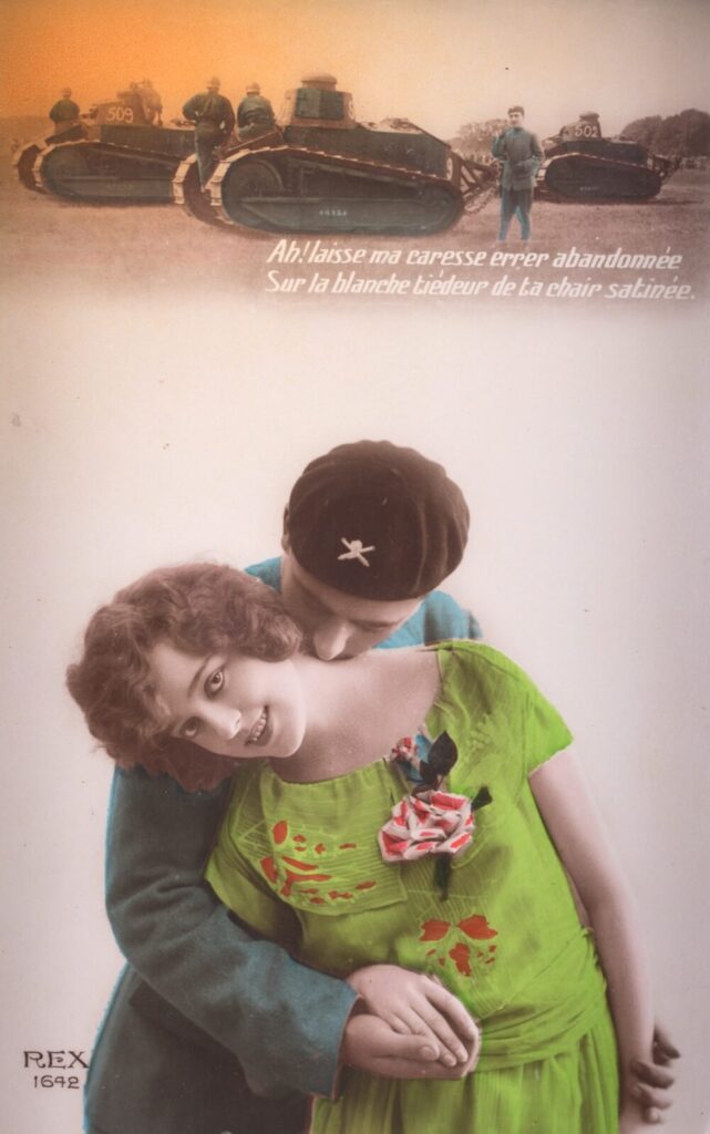 French School - French postcard - "Ah! laisse ma caresse errer abandonnée Sur la blanche ti√®deur de ta chair satinée"