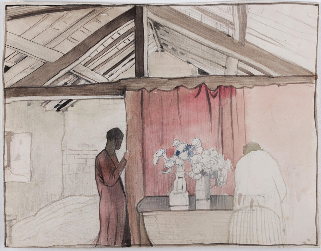 Harry Epworth Allen - Interior with beamed roof; two figures and two vases of flowers