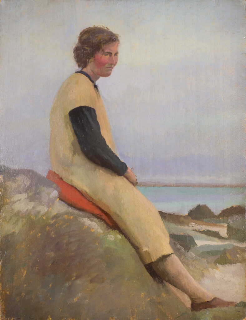 Hubert Arthur Finney - Portrait of Nita resting on an orange blanket against a rock