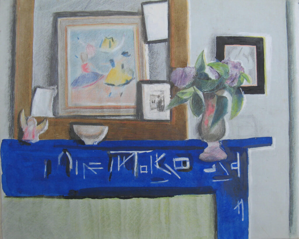 James Wood - Still life of blue chimney with flowers in a vase